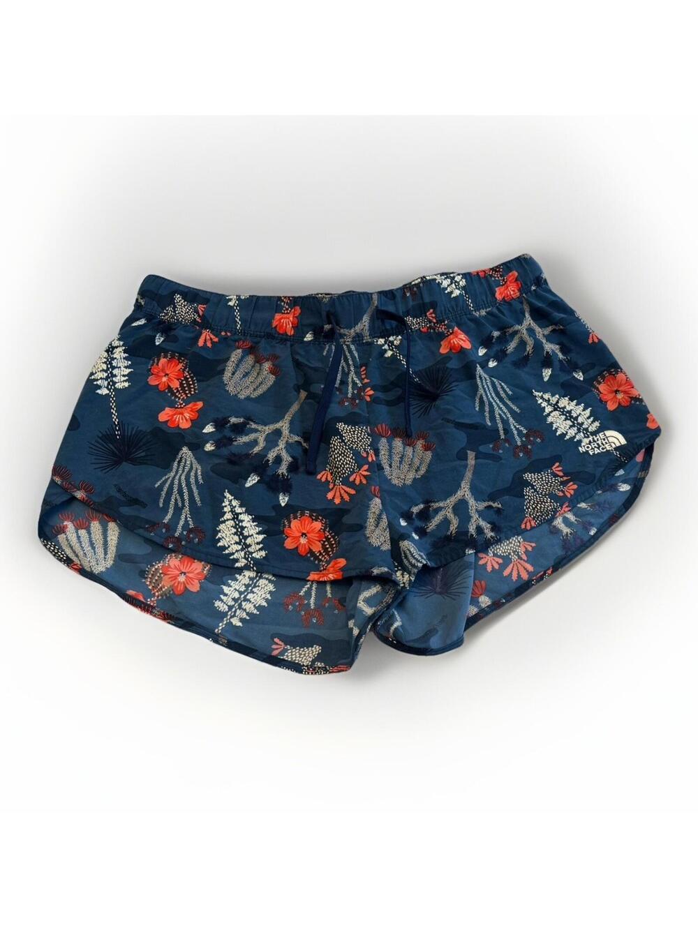 THE NORTH FACE WOMEN'S BLUE FLORAL ELASTIC WAIST BACK ZIPPED POCKET SHORTS Sz L